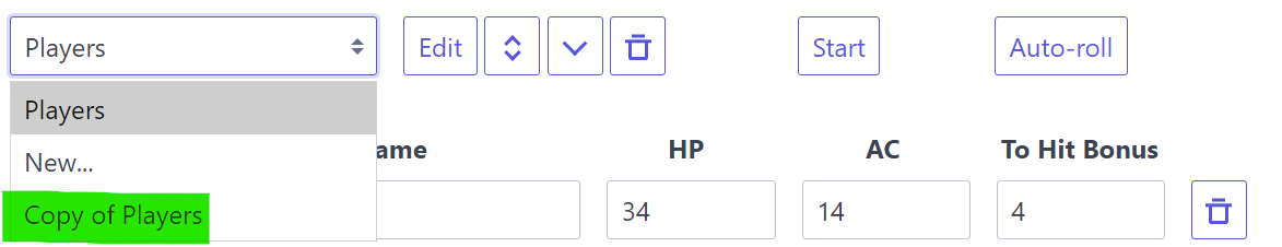 The Encounter List select box is open, showing a new Encounter called Copy of Players