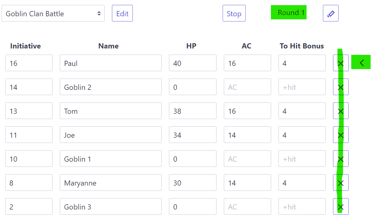 In Play mode, with the round number, current turn indicator and disabled button highlighted